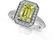 Milgrain Halo Engagement Ring Setting for Fancy Yellow Emerald Cut Center with Three-Sided Pave Band and Prong Head in Platinum