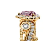 Milgrain Halo Engagement Ring Setting for Fancy Pink Heart-Shaped Center with Shoulder Bezels and Prong Head in Yellow Gold