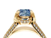 Solitaire Engagement Ring Setting for Fancy Blue Cushion Cut Center with Accented Split Shank and Prong Head in Yellow Gold