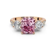3 Stone Engagement Ring Setting for Fancy Pink Radiant Cut Center with Crossover Basket, Pave Band and Prong Head in Rose Gold