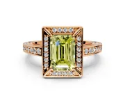 Halo Engagement Ring Setting for Fancy Yellow Emerald Cut Center with Framed Halo, Pave Band and Prong Head in Rose Gold