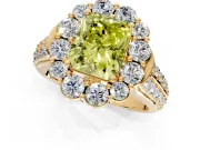 Large Accent Halo Engagement Ring Setting for Fancy Yellow Radiant Cut Center with Pave Split Shank and Prong Head in Yellow Gold