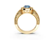 Milgrain Halo Engagement Ring Setting for Fancy Blue Cushion Cut Center with Pave Band and Prong Head in Yellow Gold