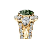 Halo Engagement Ring Setting for Fancy Green Round Cut Center with Two-Strand Split Shank and Prong Head in Yellow Gold