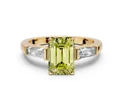 3 Stone Engagement Ring Setting for Fancy Yellow Emerald Cut Center with Tapered Baguettes, Plain Band and Prong Head in Yellow Gold