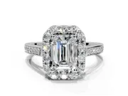 Floral Halo Engagement Ring Setting for Emerald Cut Center with Large Halo Accents and Prong Head in White Gold