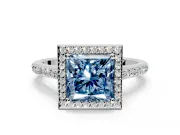 Halo Engagement Ring Setting for Fancy Blue Princess Cut Center with Pave Accents, Heart Basket and Prong Head in Platinum