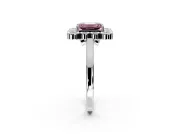 Cluster Halo Engagement Ring Setting for Fancy Pink Emerald Cut Center with Milgrain Bezel Accents and Prong Head in White Gold