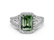 Halo Engagement Ring Setting for Fancy Green Emerald Cut Center with Narrow Pave Split Shank and Prong Head in White Gold
