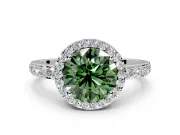 Halo Engagement Ring Setting for Fancy Green Round Cut Center with Heart-Shaped Openwork, Pave Band and Prong Head in Platinum