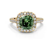 Halo Engagement Ring Setting for Fancy Green Cushion Cut Center with Narrowing Pave Band and Prong Head in Yellow Gold