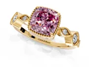 Vintage Station Engagement Ring Setting for Fancy Pink Cushion Cut Center with Accents and Prong Head in Yellow Gold