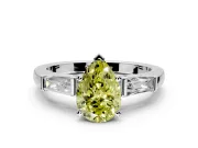 3 Stone Engagement Ring Setting for Fancy Yellow Pear-Shaped Center with Tapered Baguettes, Plain Band and Prong Head in Platinum
