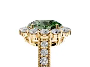 Halo Engagement Ring Setting for Fancy Green Oval Center with Milgrain Channel Band and Prong Head in Yellow Gold