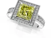 Milgrain Halo Engagement Ring Setting for Fancy Yellow Princess Cut Center with Pave Band and Prong Head in Platinum