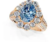 Large Accent Halo Engagement Ring Setting for Fancy Blue Oval Center with Pave Split Shank and Prong Head in Rose Gold