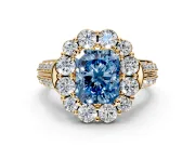 Large Accent Halo Engagement Ring Setting for Fancy Blue Radiant Cut Center with Pave Split Shank and Prong Head in Yellow Gold