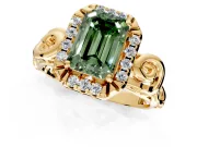 Halo Engagement Ring Setting for Fancy Green Emerald Cut Center with Open Scroll Shoulders and Prong Head in Yellow Gold