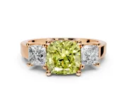 3 Stone Engagement Ring Setting for Fancy Yellow Cushion Cut Center with Matching Side Accents and Prong Head in Rose Gold