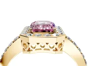 Halo Engagement Ring Setting for Fancy Pink Emerald Cut Center with Heart-Shaped Openwork, Pave Band and Prong Head in Yellow Gold