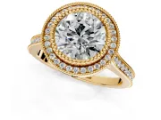 Halo Engagement Ring Setting for Round Cut Center with Milgrain Frame, Pave Band and Prong Head in Yellow Gold