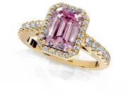 Halo Engagement Ring Setting for Fancy Pink Emerald Cut Center with Full Pave Band and Prong Head in Yellow Gold