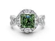 Halo Engagement Ring Setting for Fancy Green Princess Cut Center with Pave Infinity Twist Band and Prong Head in Sterling Silver