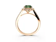 Halo Engagement Ring Setting for Fancy Green Cushion Cut Center with Narrowing Pave Band and Prong Head in Rose Gold