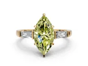 3 Stone Engagement Ring Setting for Fancy Yellow Marquise Center with Tapered Baguettes, Plain Band and Prong Head in Yellow Gold