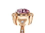 Halo Engagement Ring Setting for Fancy Pink Round Cut Center with Milgrain Rim, Pave Band and Prong Head in Rose Gold
