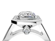 Halo Engagement Ring Setting for Radiant Cut Center with Outer Bezel Rim, Pave Band and Prong Head in Platinum