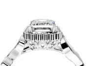 Halo Engagement Ring Setting for Emerald Cut Center with Leaf Motif Split Shank and Prong Head in Platinum