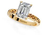 Solitaire Engagement Ring Setting for Emerald Cut Center with Milgrain X Pattern Band and Prong Head in Yellow Gold