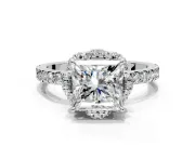 Halo Engagement Ring Setting for Princess Cut Center with Openwork Halo, Pave Band and Prong Head in Platinum