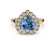 Halo Engagement Ring Setting for Fancy Blue Heart-Shaped Center with Thin Plain Band and Prong Head in Yellow Gold