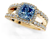 Halo Engagement Ring Setting for Fancy Blue Cushion Cut Center with Wide-Open Pave Split Shank and Prong Head in Yellow Gold