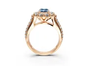 Large Accent Halo Engagement Ring Setting for Fancy Blue Emerald Cut Center with Pave Split Shank and Prong Head in Rose Gold