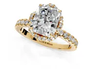 Halo Engagement Ring Setting for Radiant Cut Center with Openwork Halo, Pave Band and Prong Head in Yellow Gold