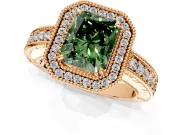 Milgrain Halo Engagement Ring Setting for Fancy Green Radiant Cut Center with Pave Band and Prong Head in Rose Gold