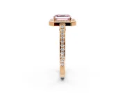 Halo Engagement Ring Setting for Fancy Pink Asscher Cut Center with Framed Halo, Pave Band and Prong Head in Rose Gold