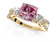 3 Stone Engagement Ring Setting for Fancy Pink Cushion Cut Center with Pave Split Shank and Prong Head in Yellow Gold