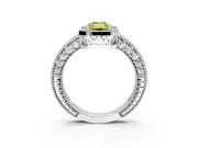 Milgrain Halo Engagement Ring Setting for Fancy Yellow Emerald Cut Center with Wide Pave Band and Prong Head in Platinum
