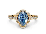 Halo Engagement Ring Setting for Fancy Blue Pear-Shaped Center with Openwork Halo, Pave Band and Prong Head in Yellow Gold