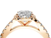 Halo Engagement Ring Setting for Cushion Cut Center with Full Pave Band and Prong Head in Rose Gold