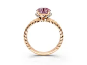 Halo Engagement Ring Setting for Fancy Pink Round Cut Center with Rope Twist Split Shank and Prong Head in Rose Gold