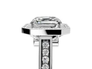 Halo Engagement Ring Setting for Asscher Cut Center with Outer Bezel Rim, Pave Band and Prong Head in Sterling Silver