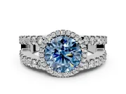 Halo Engagement Ring Setting for Fancy Blue Round Cut Center with Wide-Open Pave Split Shank and Prong Head in Sterling Silver