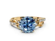 Leaf Motif Engagement Ring Setting for Fancy Blue Round Cut Center with Pave Band and Prong Head in Yellow Gold