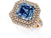 Double Halo Engagement Ring Setting for Fancy Blue Asscher Cut Center with Narrow Pave Split Shank and Prong Head in Rose Gold