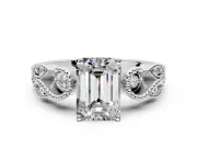 Leaf Engagement Ring Setting for Emerald Cut Center with Milgrain Accent Band and Prong Head in Platinum